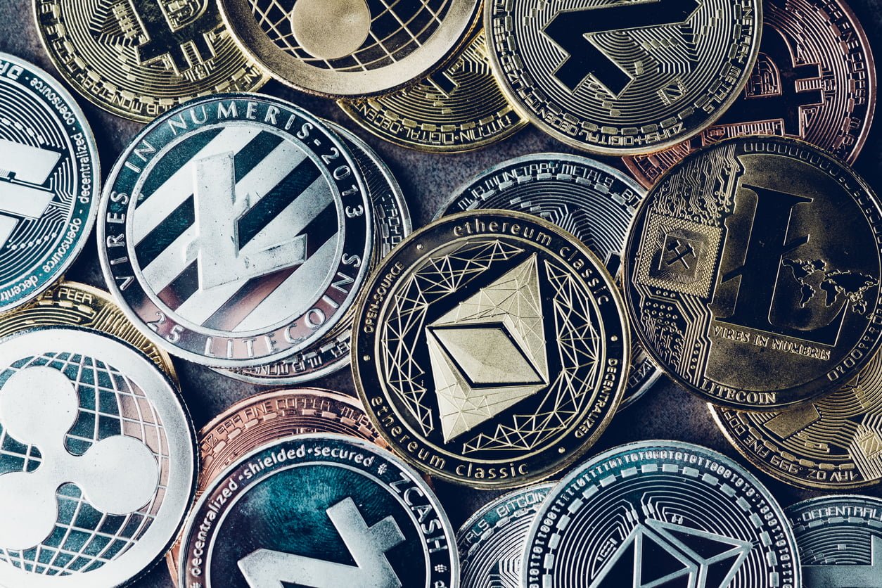 Metallic cryptocurrency coins in a collage